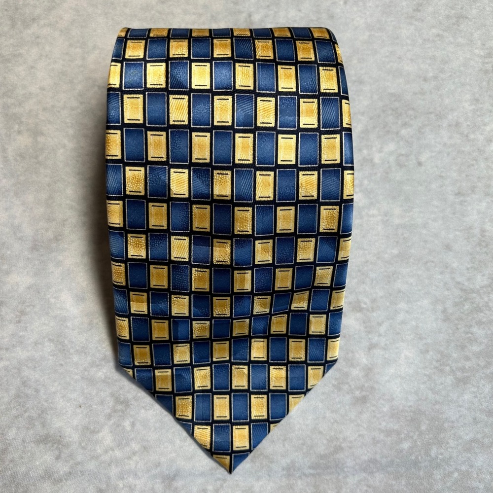 Salvatore Pellegrino Mens Silk Necktie Blue Gold Geometric Grid Hand Made 4 inch